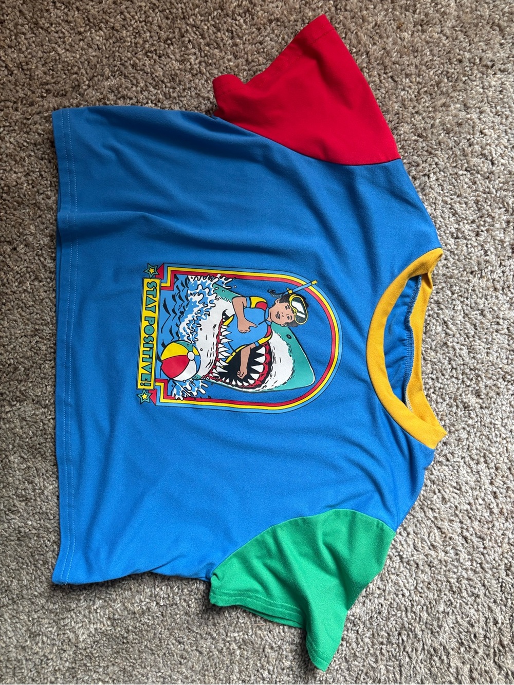 “Stay Positive” Colorblock Shark Graphic Tee - Blue/Red/Green